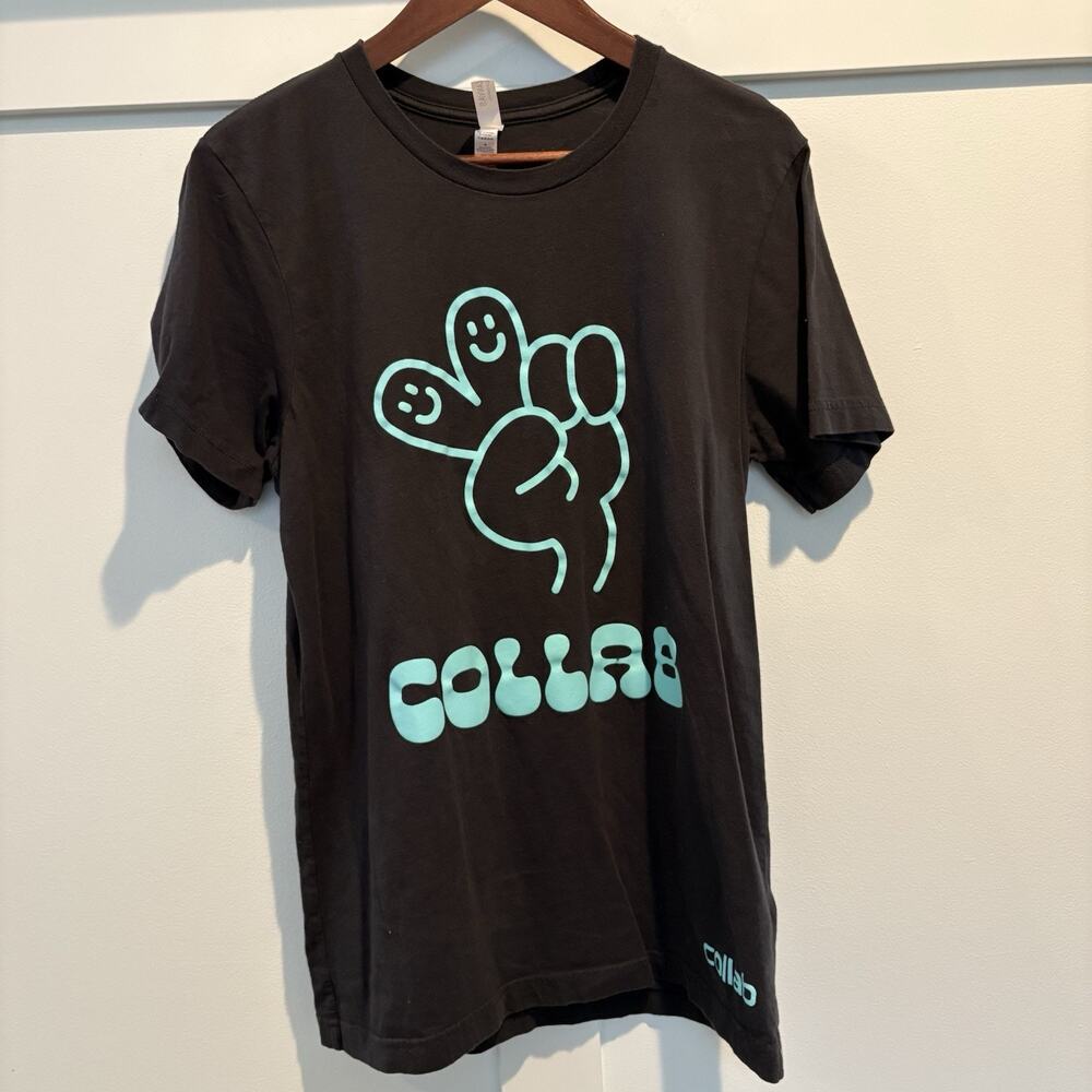 Collab Shirt Men Medium Black Teal‎ Graphic Tee Canvas Peace Smile 100% Cotton